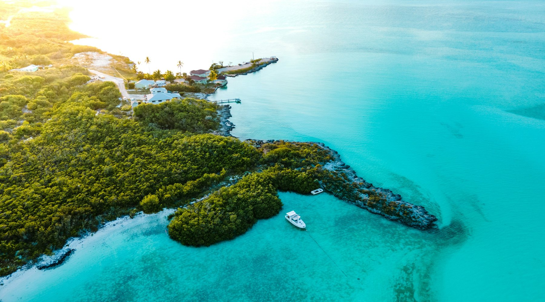 Aerial view of an Exuma island and turquoise water